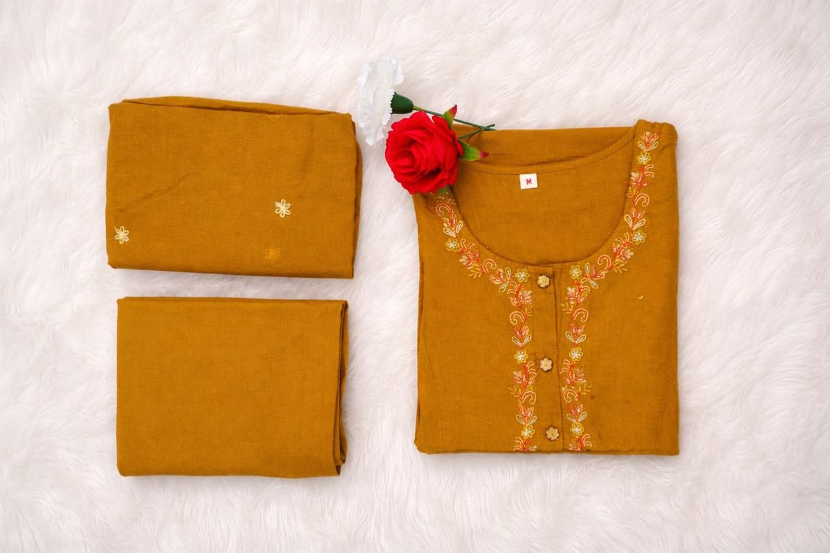 Olive Mustard Pure Cotton Jaipur Embroidered Kurta Set with Dupatta