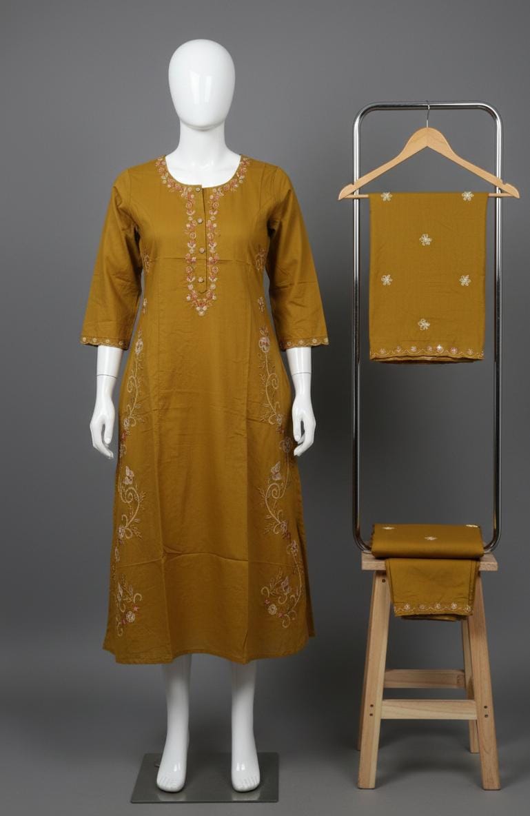 Olive Mustard Pure Cotton Jaipur Embroidered Kurta Set with Dupatta