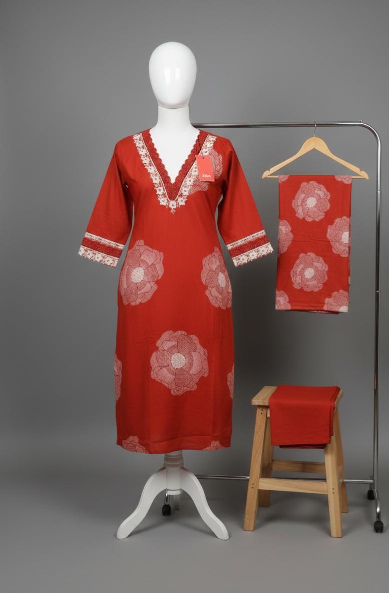 Rust Red Pure Cotton Jaipur Floral Printed Kurta Set with Dupatta