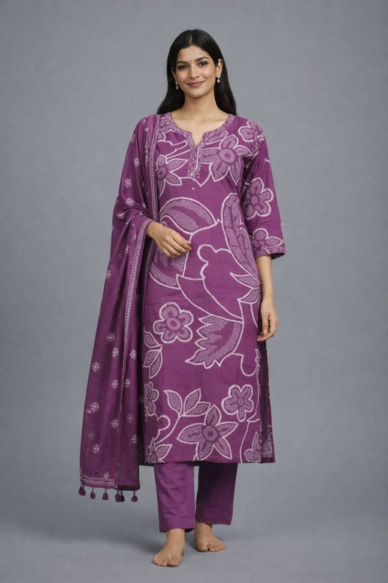 Purple Pure Cotton Jaipur Printed Kurta Set with Dupatta