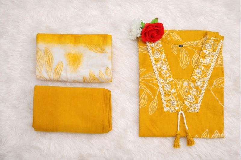 Mustard Yellow Pure Cotton Jaipur Printed Kurta Set with Dupatta