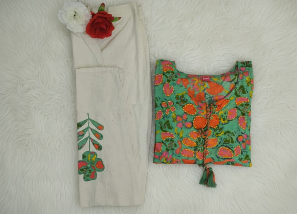 Sea Green Pure Cotton Jaipur Floral Printed Kurta Set