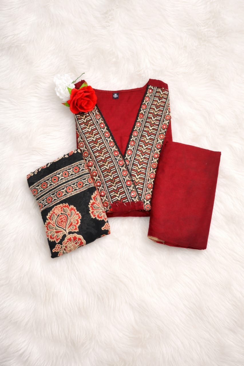 Maroon Pure Cotton Jaipur Printed Kurta Set with Dupatta