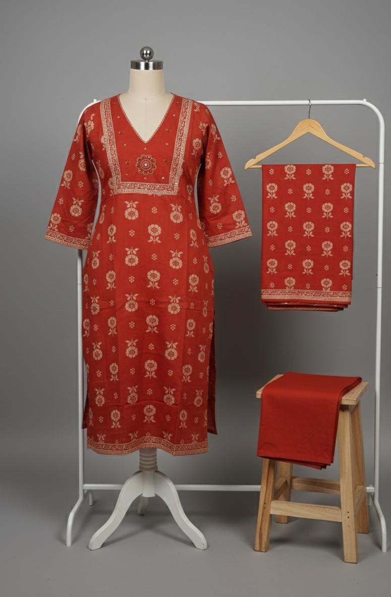 Brick Red Pure Cotton Jaipur Printed Kurta Set with Dupatta