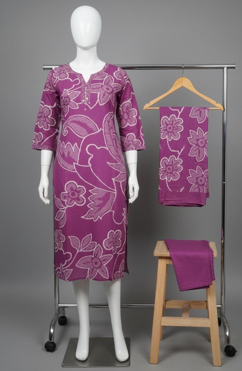 Purple Pure Cotton Jaipur Printed Kurta Set with Dupatta