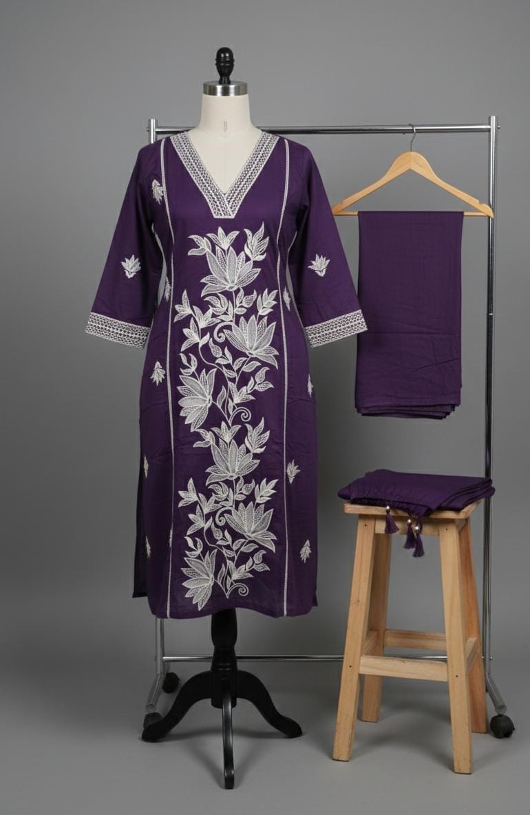 Royal Purple Pure Cotton Jaipur Floral Printed Kurta Set with Dupatta