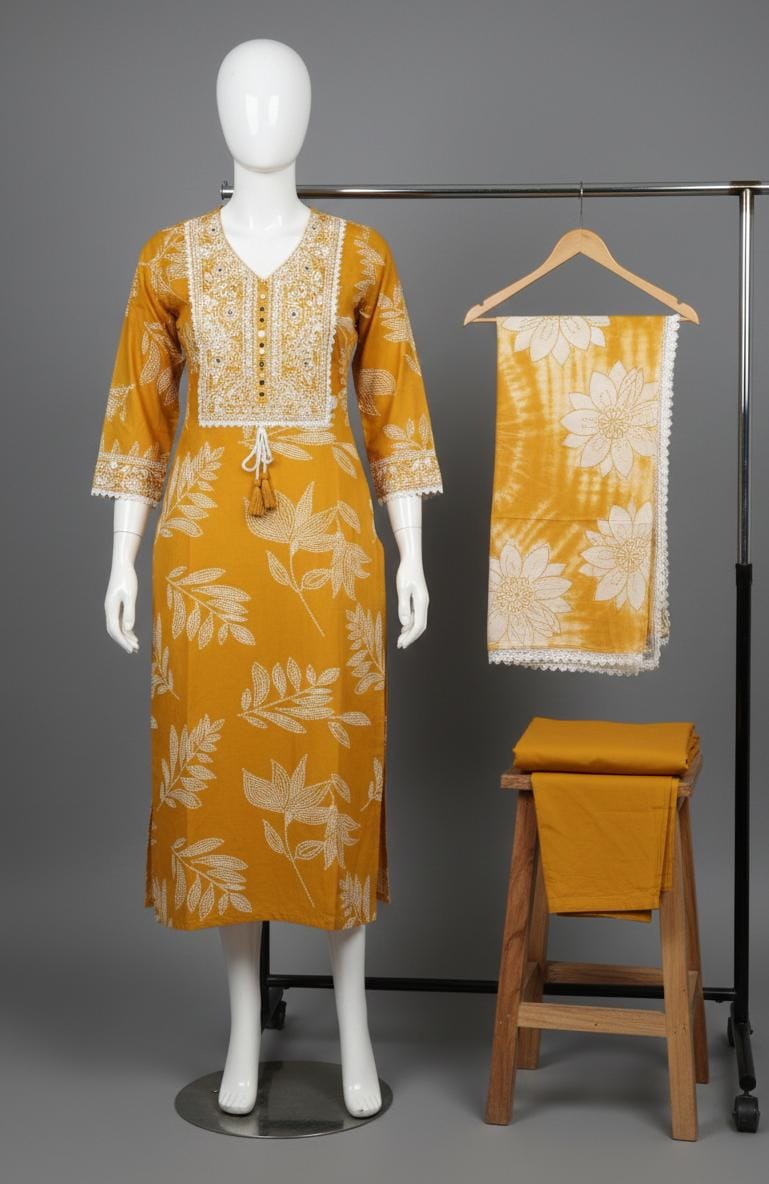 Mustard Yellow Pure Cotton Jaipur Printed Kurta Set with Dupatta