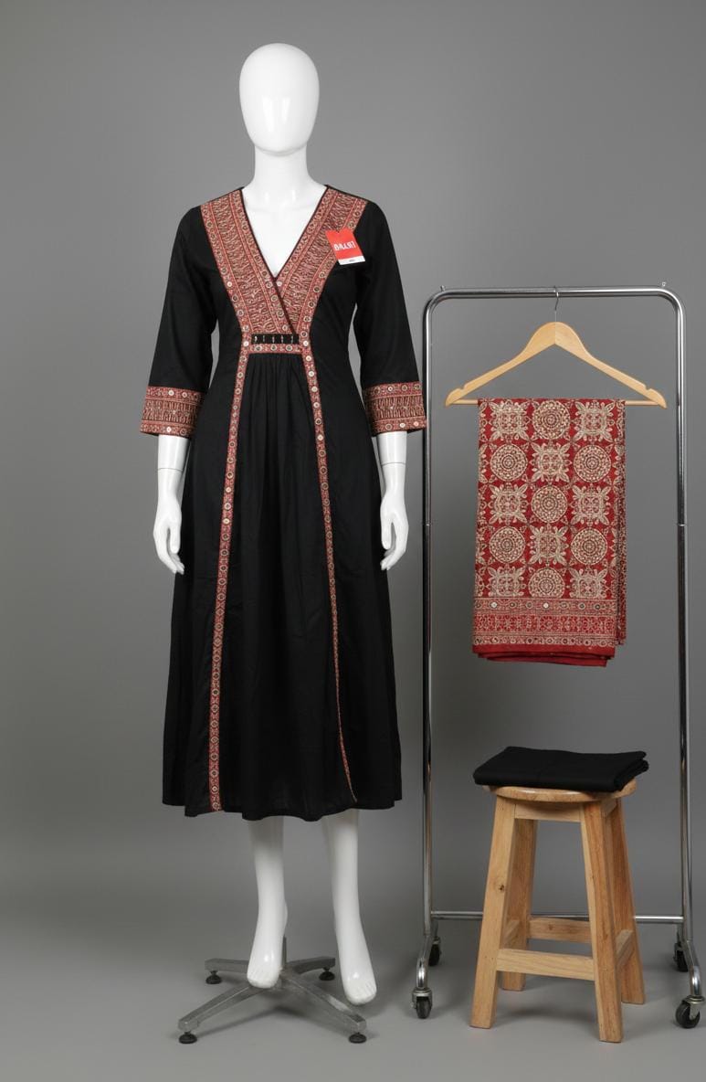 Black Pure Cotton Jaipur Printed Anarkali Kurta Set with Dupatta