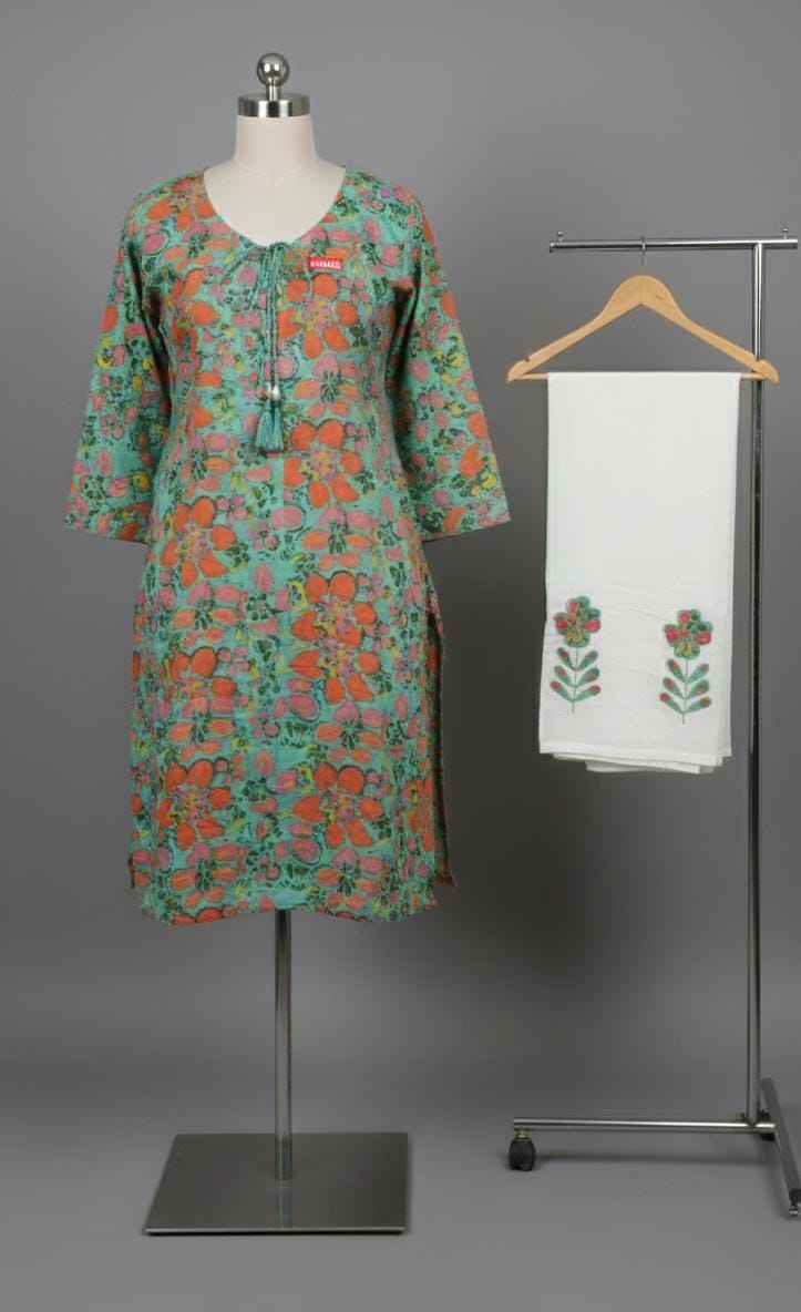 Sea Green Pure Cotton Jaipur Floral Printed Kurta Set