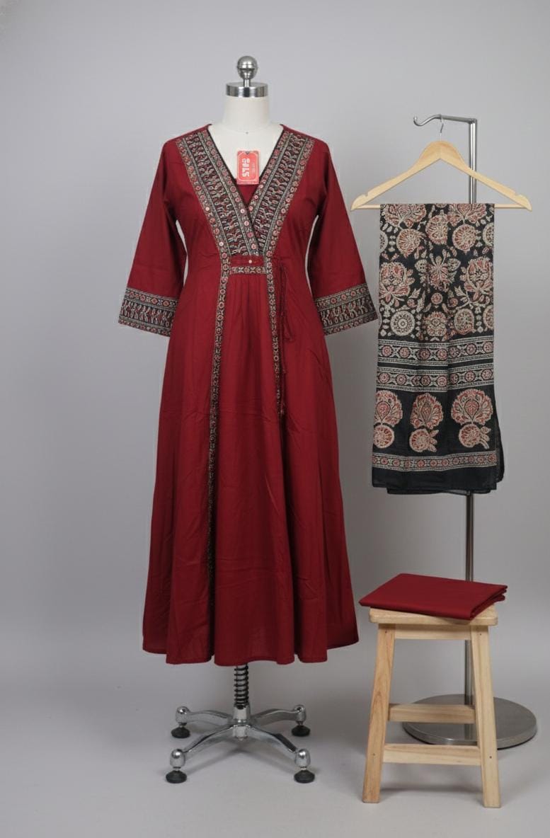 Maroon Pure Cotton Jaipur Printed Kurta Set with Dupatta