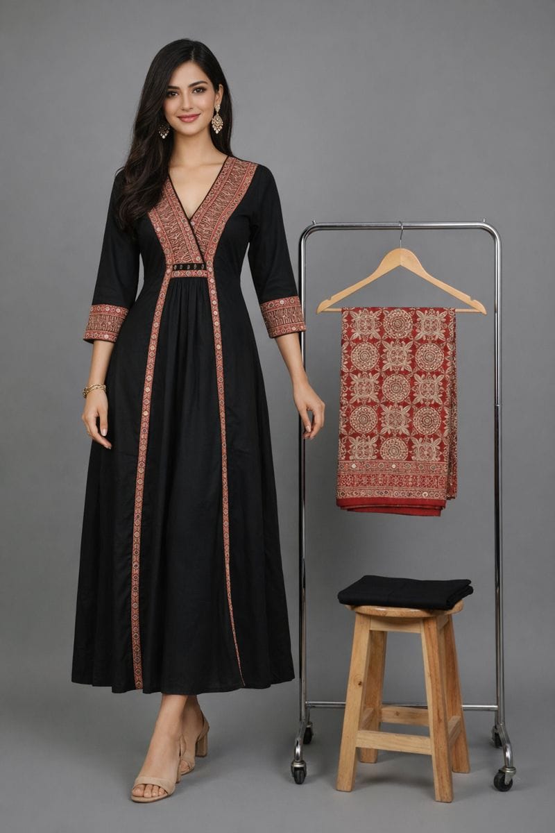 Black Pure Cotton Jaipur Printed Anarkali Kurta Set with Dupatta