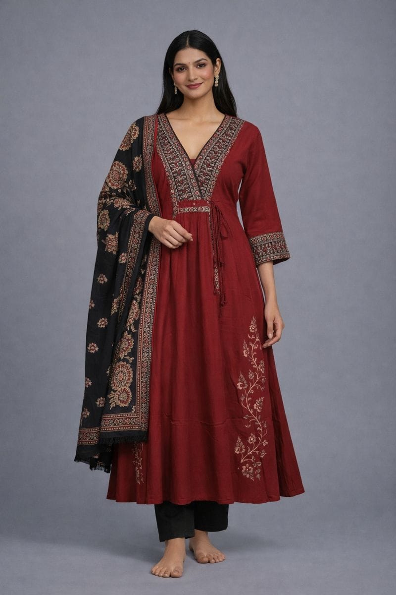 Maroon Pure Cotton Jaipur Printed Kurta Set with Dupatta