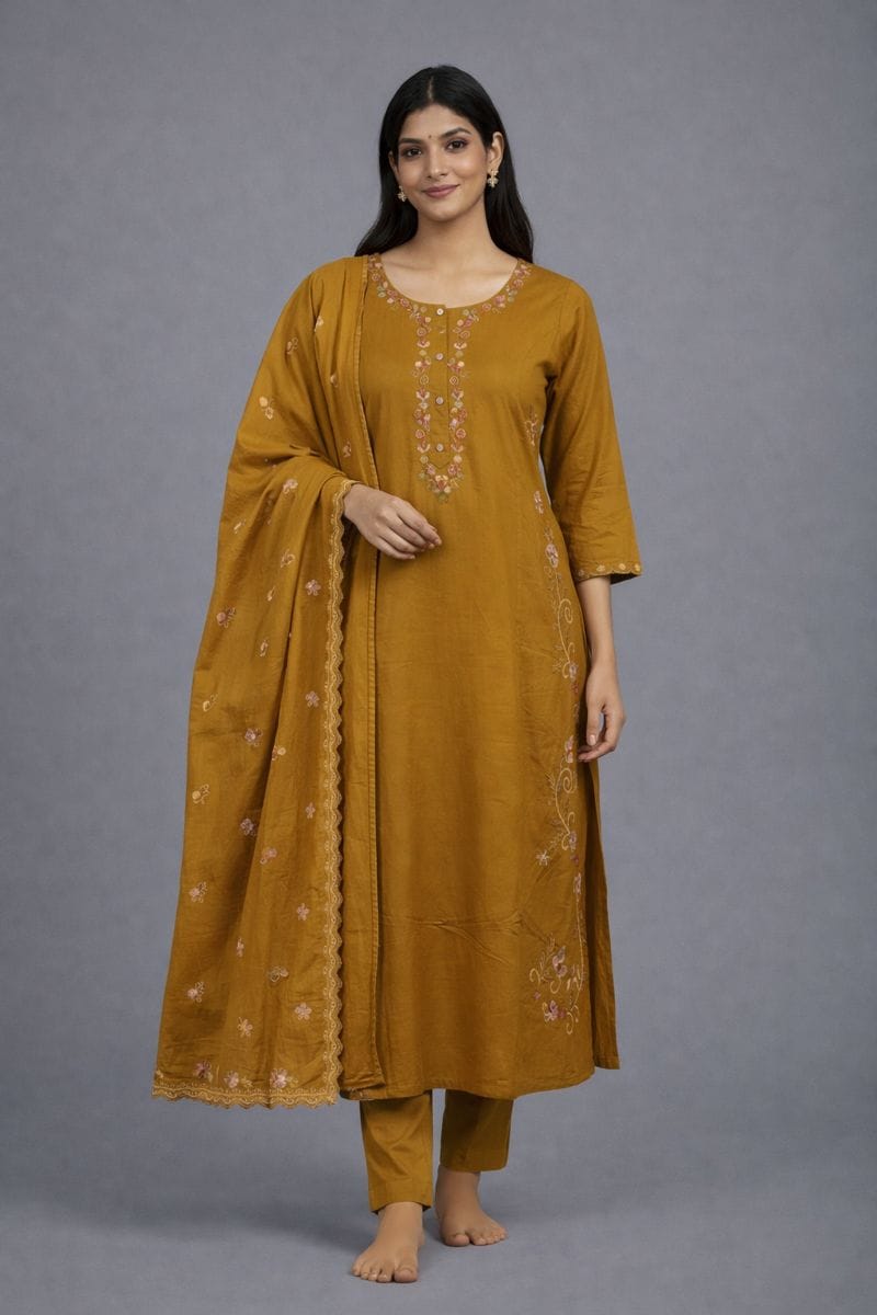 Olive Mustard Pure Cotton Jaipur Embroidered Kurta Set with Dupatta