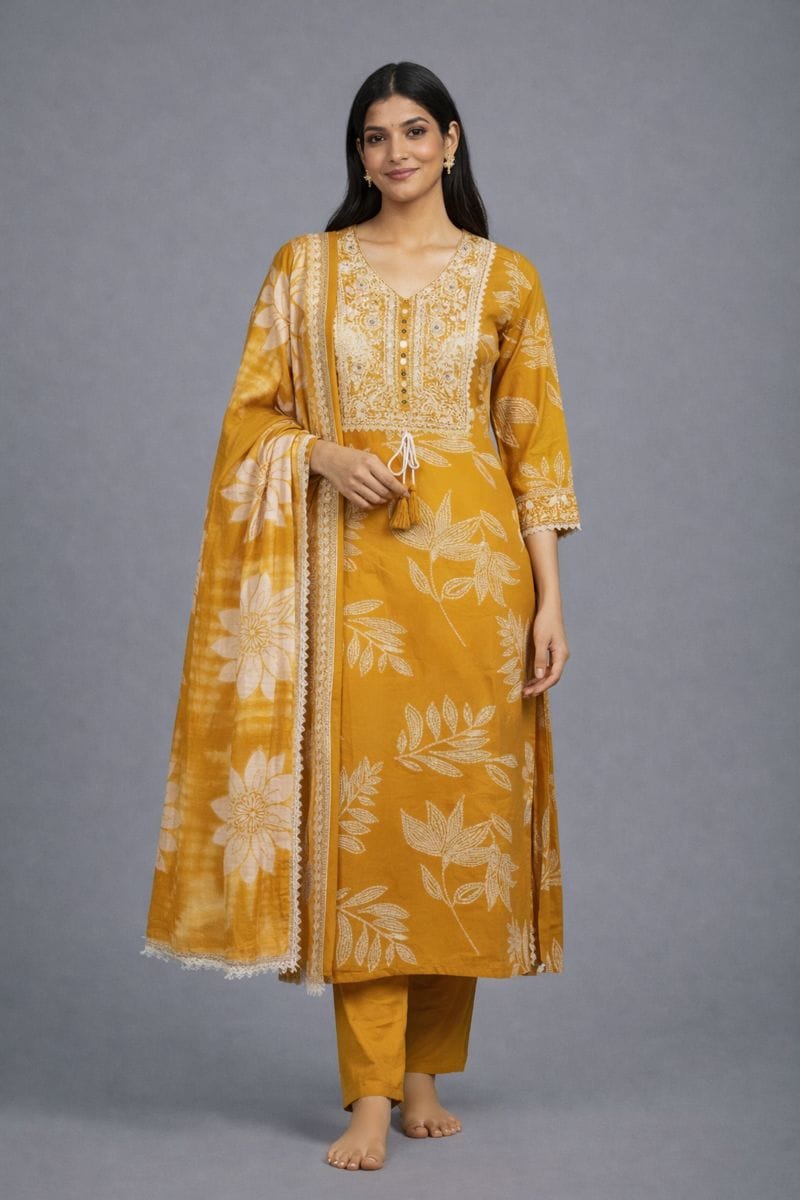 Mustard Yellow Pure Cotton Jaipur Printed Kurta Set with Dupatta