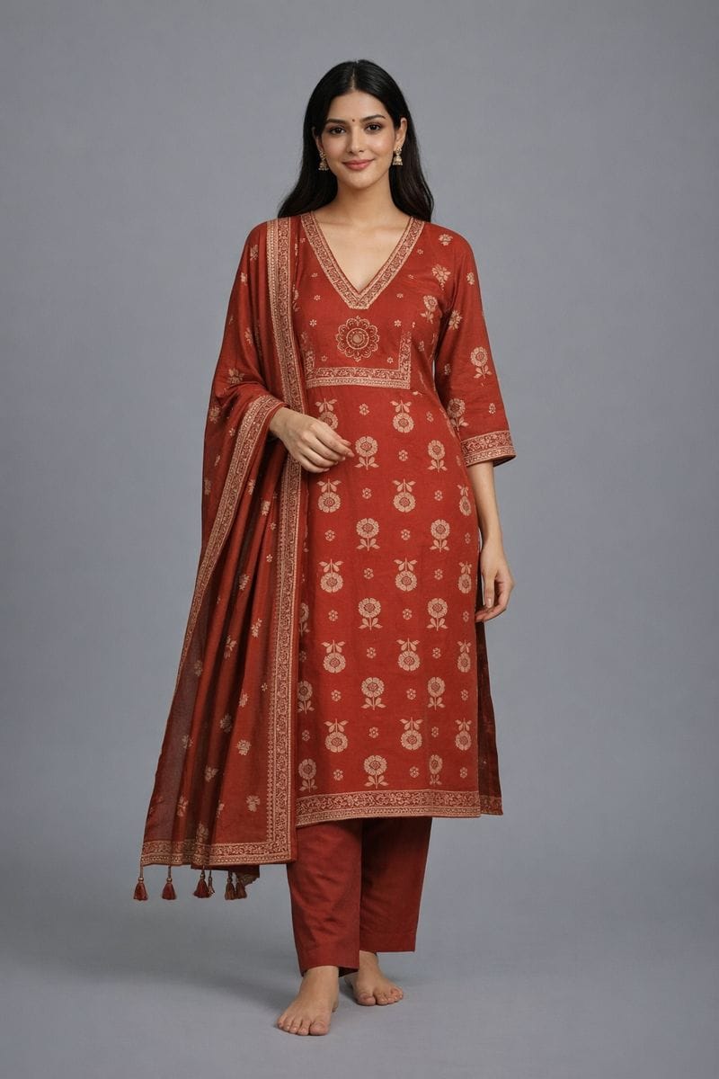 Brick Red Pure Cotton Jaipur Printed Kurta Set with Dupatta