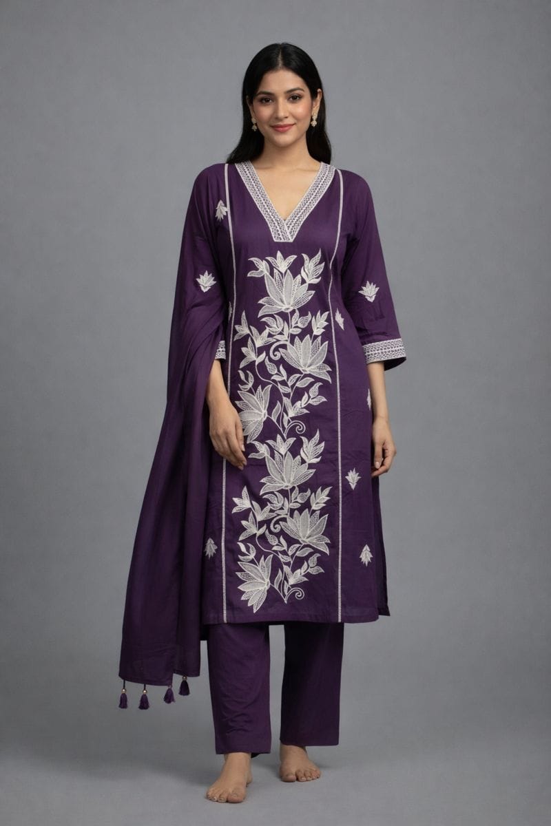 Royal Purple Pure Cotton Jaipur Floral Printed Kurta Set with Dupatta
