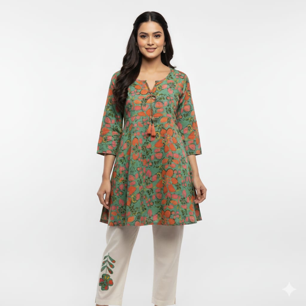 Sea Green Pure Cotton Jaipur Floral Printed Kurta Set